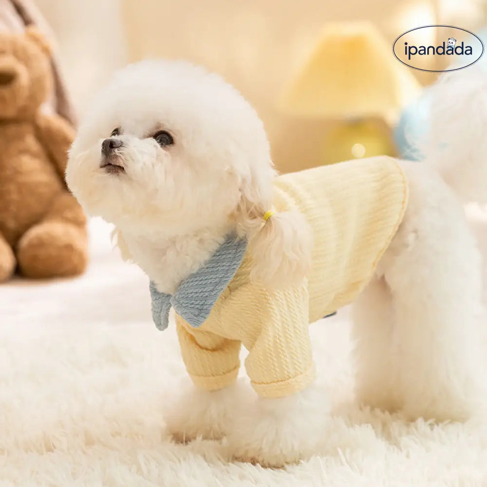 ベージュ 可愛い 小犬 パッチワーク ベースレイヤー セーター 襟付き 小型犬 猫 ペット 秋冬 厚手 保温 服 ID2514