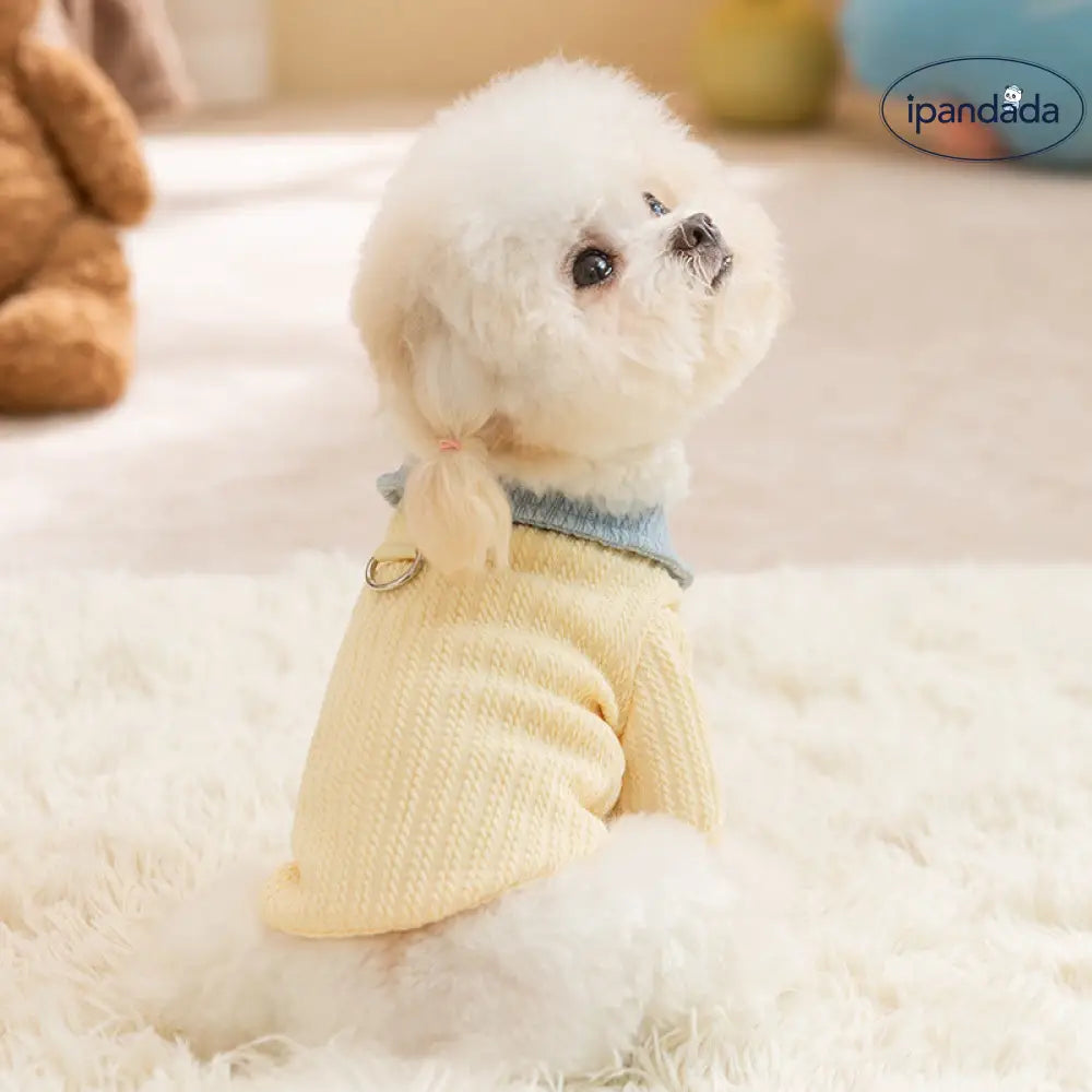 ベージュ 可愛い 小犬 パッチワーク ベースレイヤー セーター 襟付き 小型犬 猫 ペット 秋冬 厚手 保温 服 ID2514