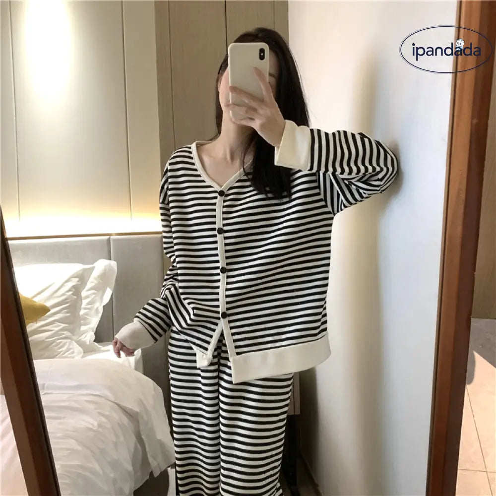 ボーダー柄 レディース 2点セット ゆったり 部屋着 寝巻き パジャマ 春秋 長袖 コットン 新作 ルームウェア セットアップ ID4558 レディース＞セットアップ