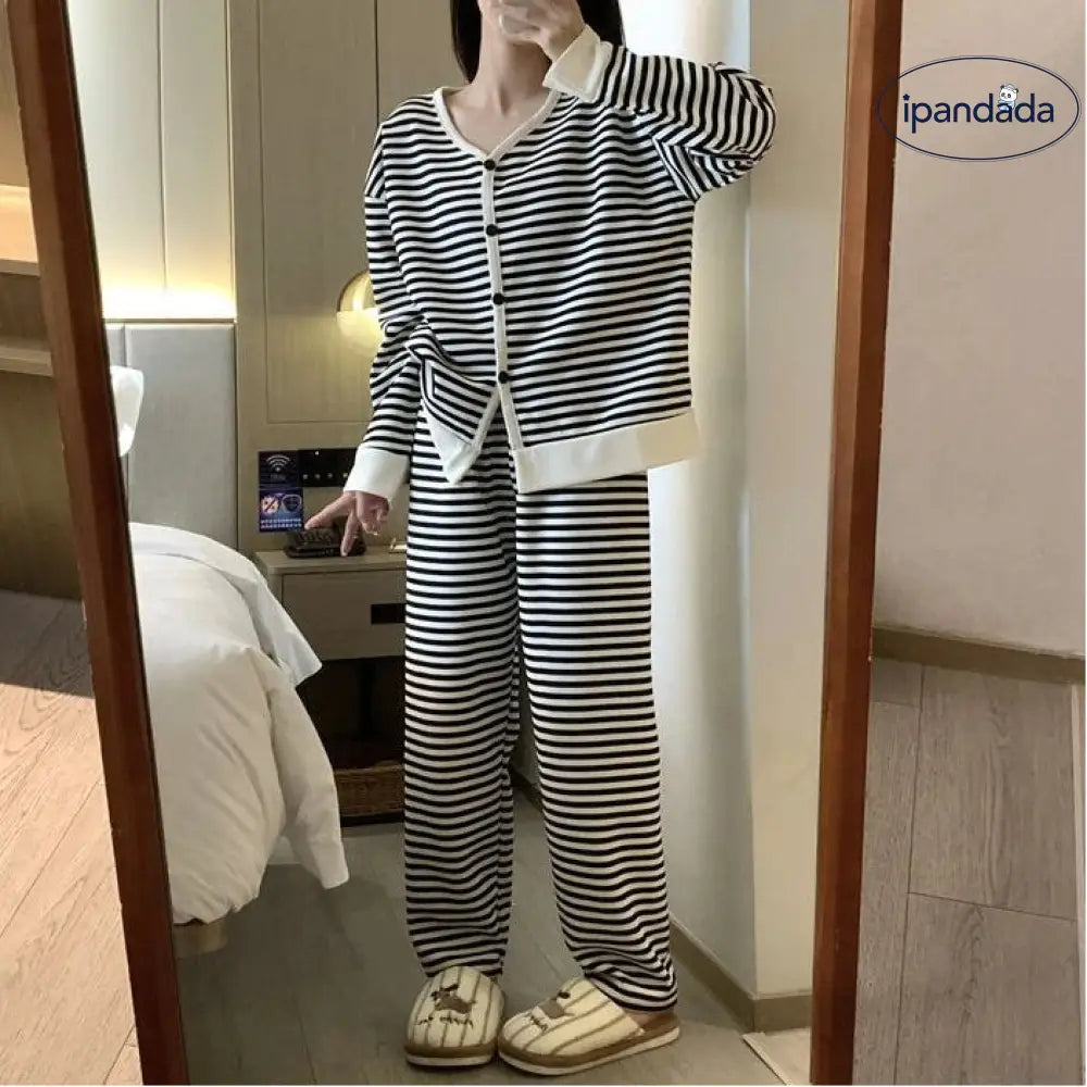 ボーダー柄 レディース 2点セット ゆったり 部屋着 寝巻き パジャマ 春秋 長袖 コットン 新作 ルームウェア セットアップ ID4558 レディース＞セットアップ
