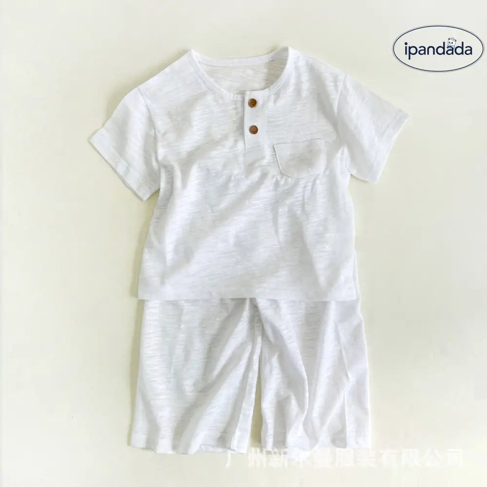 ID775 ボタン 半袖パジャマ 子供服 キッズ ルームウェア 寝巻 上下セット 女の子 男の子 韓国風 セットアップ 子供 上下セット おしゃれ 子供服 ホワイト / 90cm ベビー＆キッズ＞キッズ