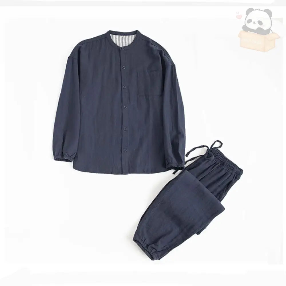 部屋着 カップル 綿麻 パジャマ メンズ レディース 長袖 前開き 秋 春 ルームウェア 吸湿 通気 ランドネック 長ズボン ネイビー / レディースＭ カップル＞セットアップ