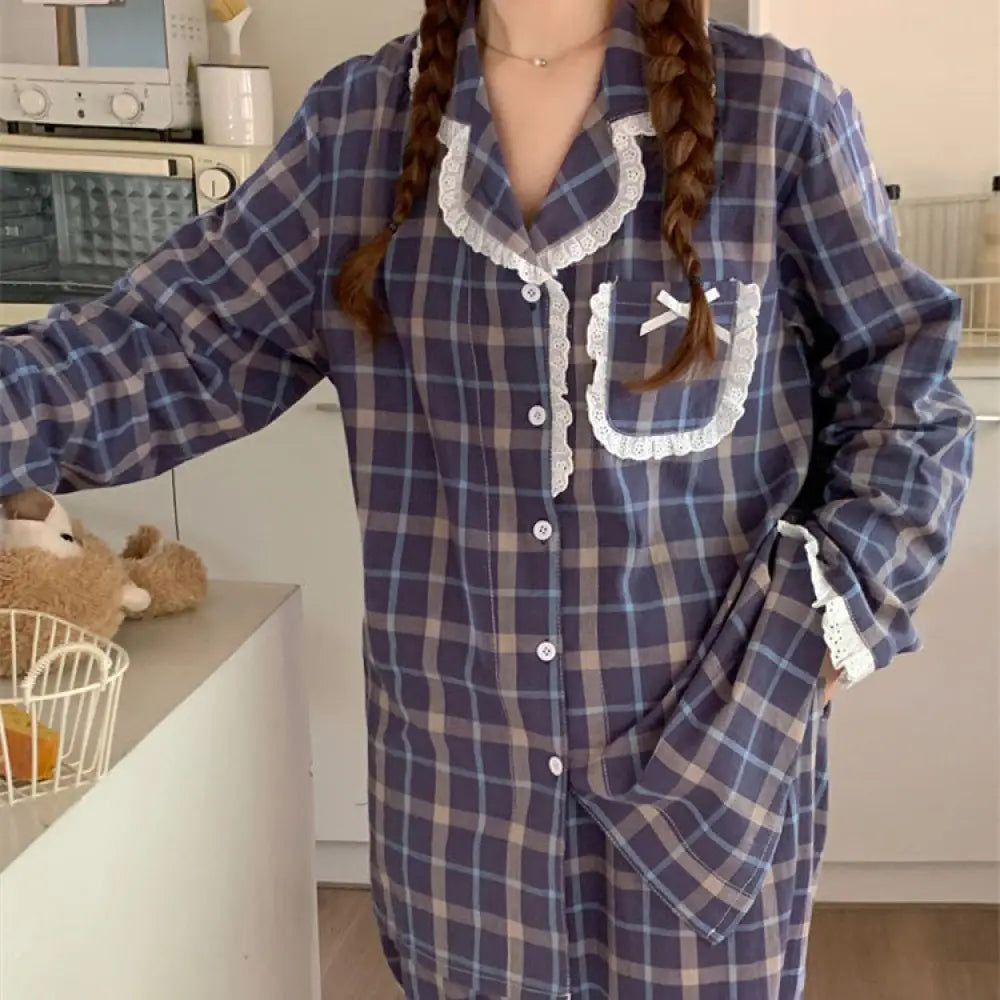 部屋着 カップル パジャマ 秋 春 冬 前開き メンズ レディース 長袖 ルームウェア 吸湿 通気 長ズボン チェック柄 お揃い コットン ブルー（レディース ） / フリー カップル＞セットアップ