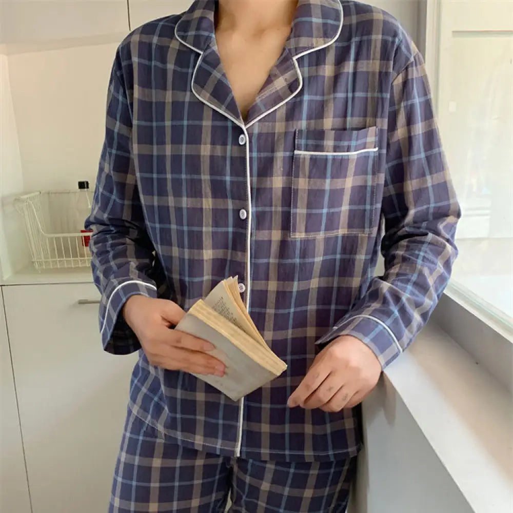 部屋着 カップル パジャマ 秋 春 冬 前開き メンズ レディース 長袖 ルームウェア 吸湿 通気 長ズボン チェック柄 お揃い コットン ブルー（メンズ ） / フリー カップル＞セットアップ