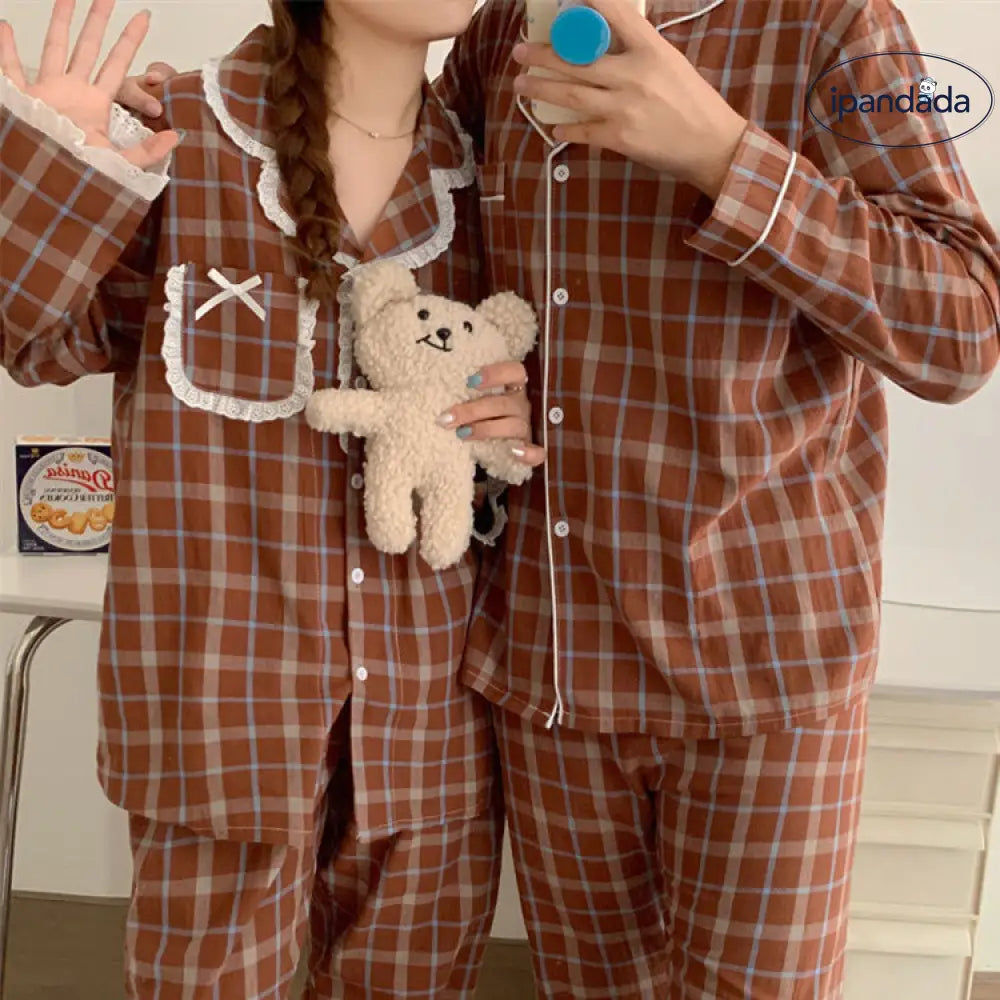 部屋着 カップル パジャマ 秋 春 冬 前開き メンズ レディース 長袖 ルームウェア 吸湿 通気 長ズボン チェック柄 お揃い コットン カップル＞セットアップ