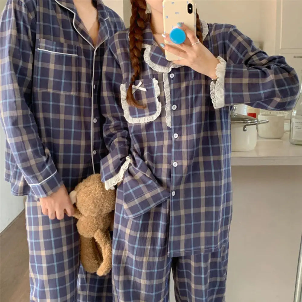 部屋着 カップル パジャマ 秋 春 冬 前開き メンズ レディース 長袖 ルームウェア 吸湿 通気 長ズボン チェック柄 お揃い コットン カップル＞セットアップ