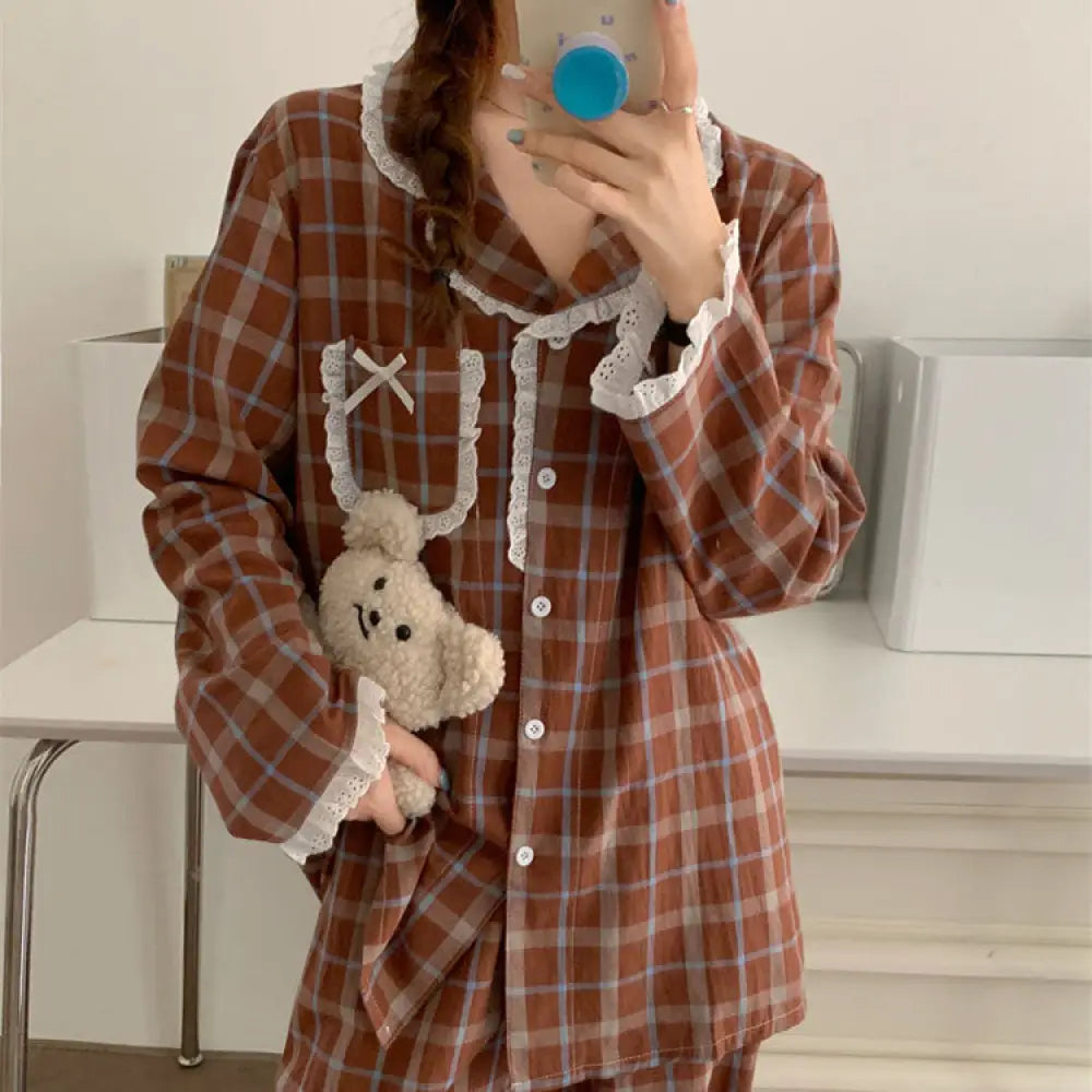 部屋着 カップル パジャマ 秋 春 冬 前開き メンズ レディース 長袖 ルームウェア 吸湿 通気 長ズボン チェック柄 お揃い コットン レッド（レディース ） / フリー カップル＞セットアップ