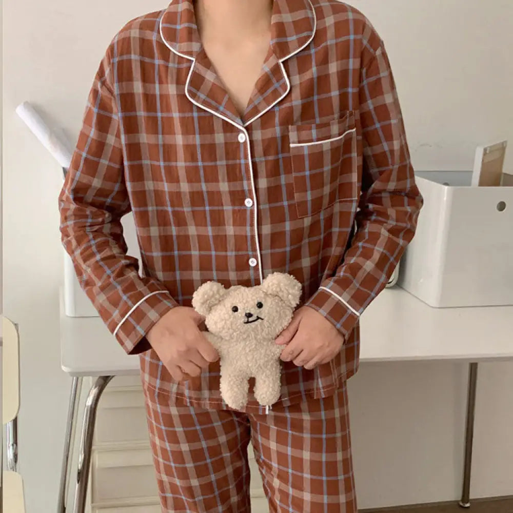 部屋着 カップル パジャマ 秋 春 冬 前開き メンズ レディース 長袖 ルームウェア 吸湿 通気 長ズボン チェック柄 お揃い コットン レッド（メンズ ） / フリー カップル＞セットアップ