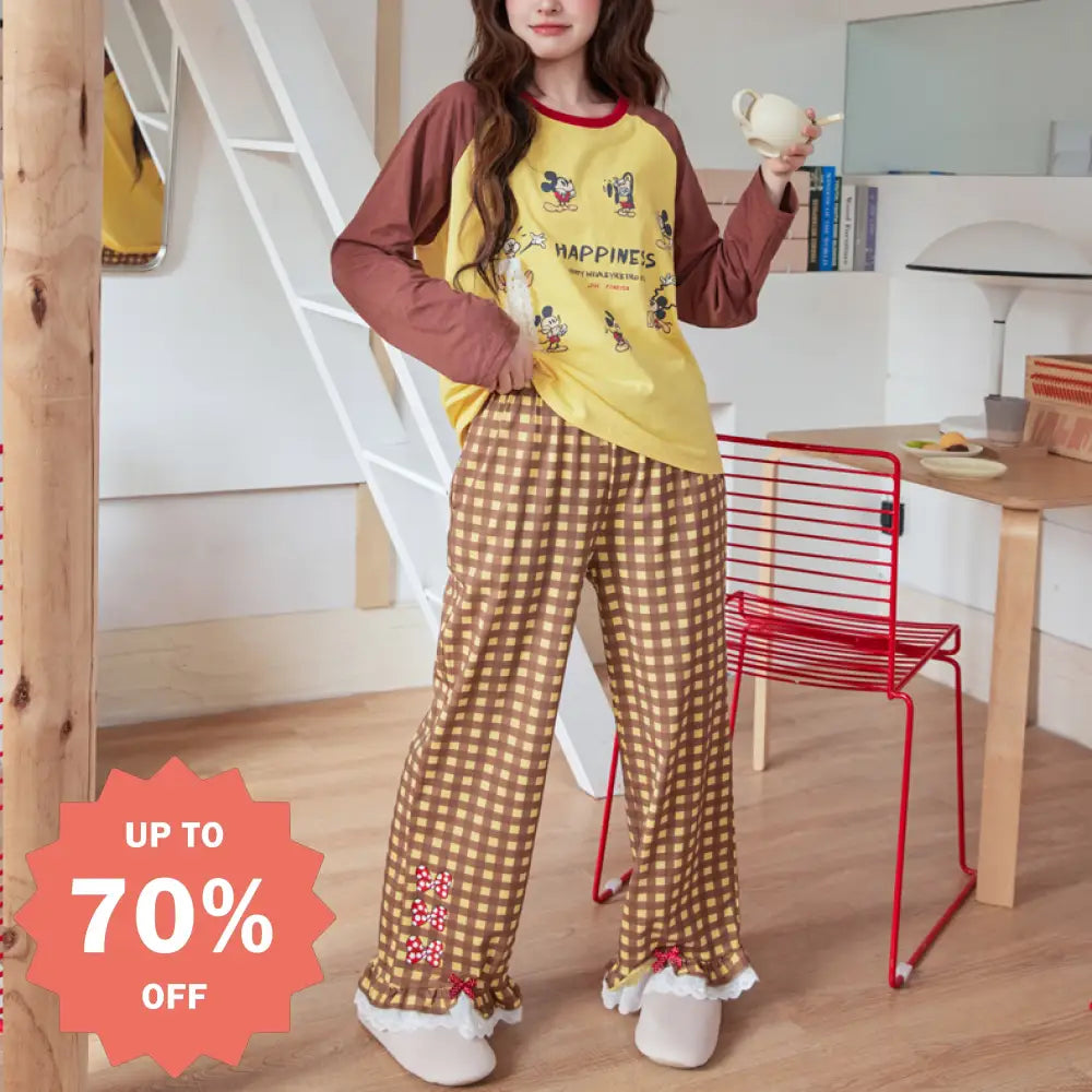 部屋着 かわいい 春秋 新作 可愛い カートゥーン リボン ラグラン 長袖 チェック柄 長ズボン ルームウェア パジャマ セット リラックス ID4669 - レディース＞セットアップ