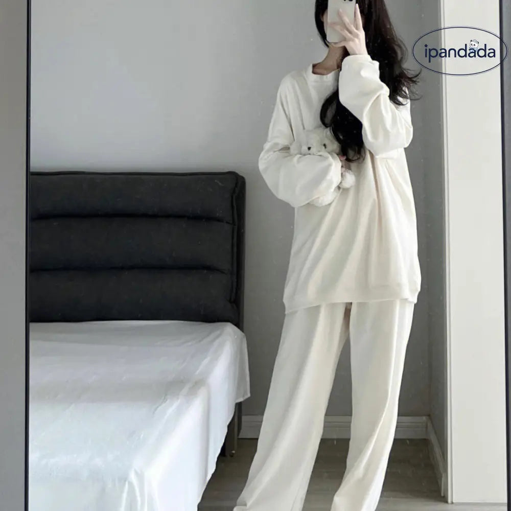 韓国風 インスタグラム スタイル コットン パジャマ 女性用 春秋 シンプル 無地 長袖 セット ルームウェア 外出可能 ID2362