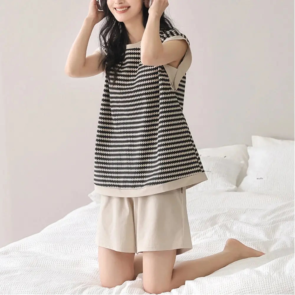ブラカップ付き パジャマ レディース 夏用 新作 オールコットン ノースリーブ キャミソール ショートパンツ 薄手 ストライプ柄 外出可 ルームウェア ID1808