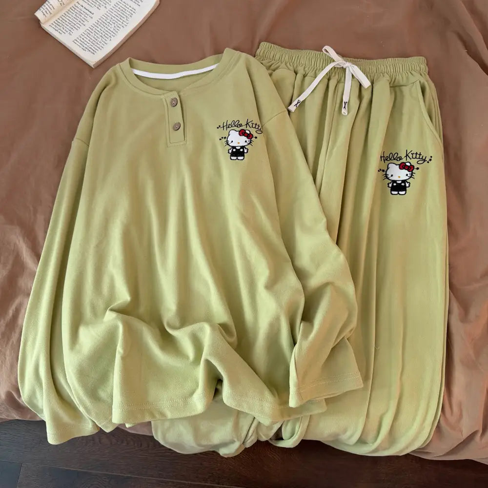 ブラック キティ パジャマ セット 秋冬 ルームウェア ゆったり 保温 かわいい 部屋着 2点セット ID3997 グリーン / M