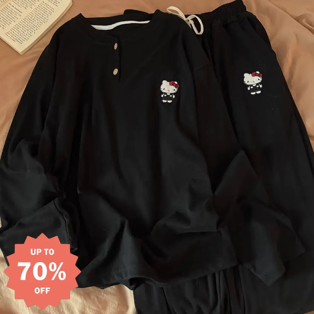 ブラック キティ パジャマ セット 秋冬 ルームウェア ゆったり 保温 かわいい 部屋着 2点セット ID3997 ブラック / M