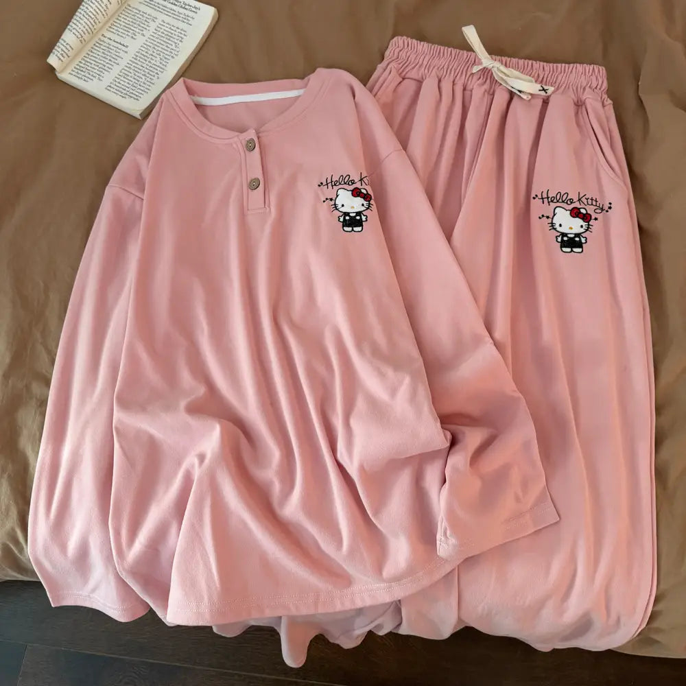 ブラック キティ パジャマ セット 秋冬 ルームウェア ゆったり 保温 かわいい 部屋着 2点セット ID3997 ピンク / M