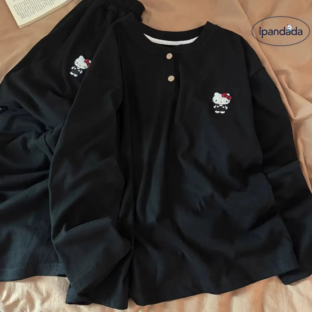 ブラック キティ パジャマ セット 秋冬 ルームウェア ゆったり 保温 かわいい 部屋着 2点セット ID3997