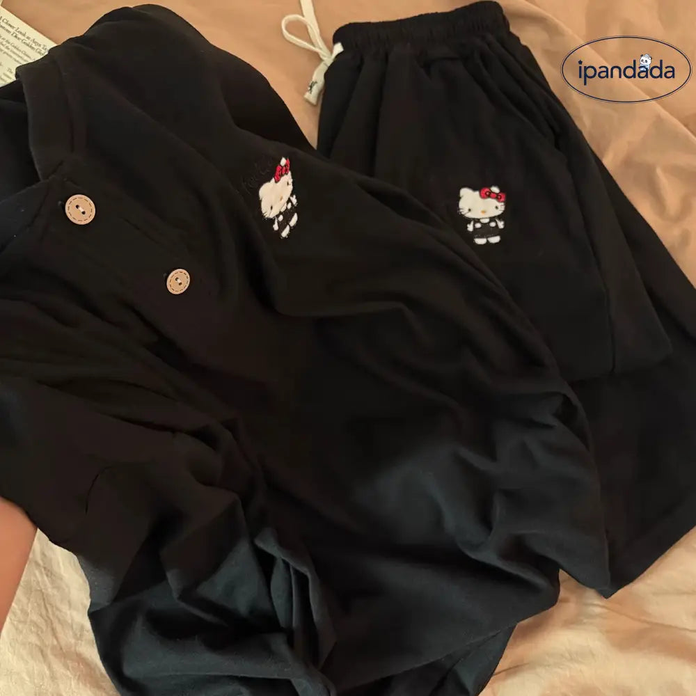 ブラック キティ パジャマ セット 秋冬 ルームウェア ゆったり 保温 かわいい 部屋着 2点セット ID3997