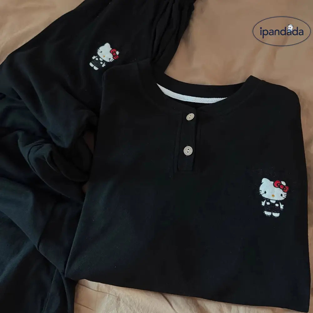 ブラック キティ パジャマ セット 秋冬 ルームウェア ゆったり 保温 かわいい 部屋着 2点セット ID3997