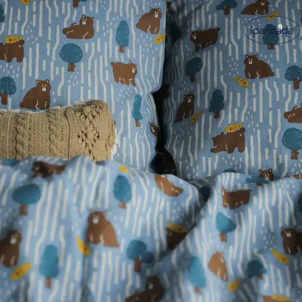 ID1722 ブルー ダブルガーゼ 寝具セット 学生寮用 かわいい動物柄 肌触り最高 オーガニックコットン ベッドシーツ+カバー+枕カバー 3点セット
