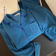 ブルー デロン モモ フリース パジャマ レディース 冬 2025年 新作 ロングパンツ セット 部屋着 外出可能 ID2527