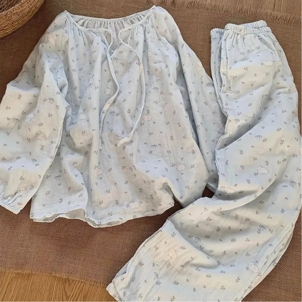 ブルー フラワー ウサギ パジャマ レディース 肌に優しい 快適 長袖 ルームウェアセット ID3963 ライトブルー / S