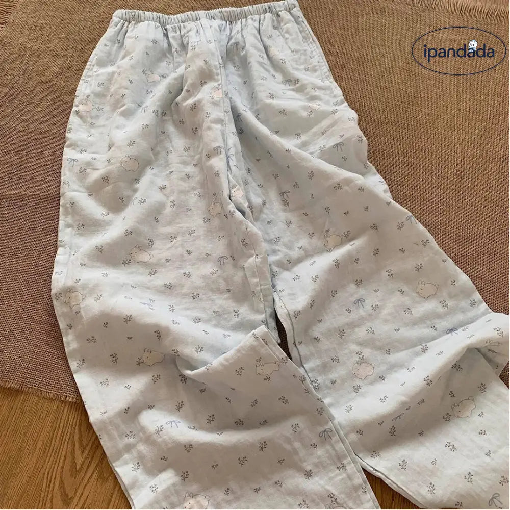 ブルー フラワー ウサギ パジャマ レディース 肌に優しい 快適 長袖 ルームウェアセット ID3963