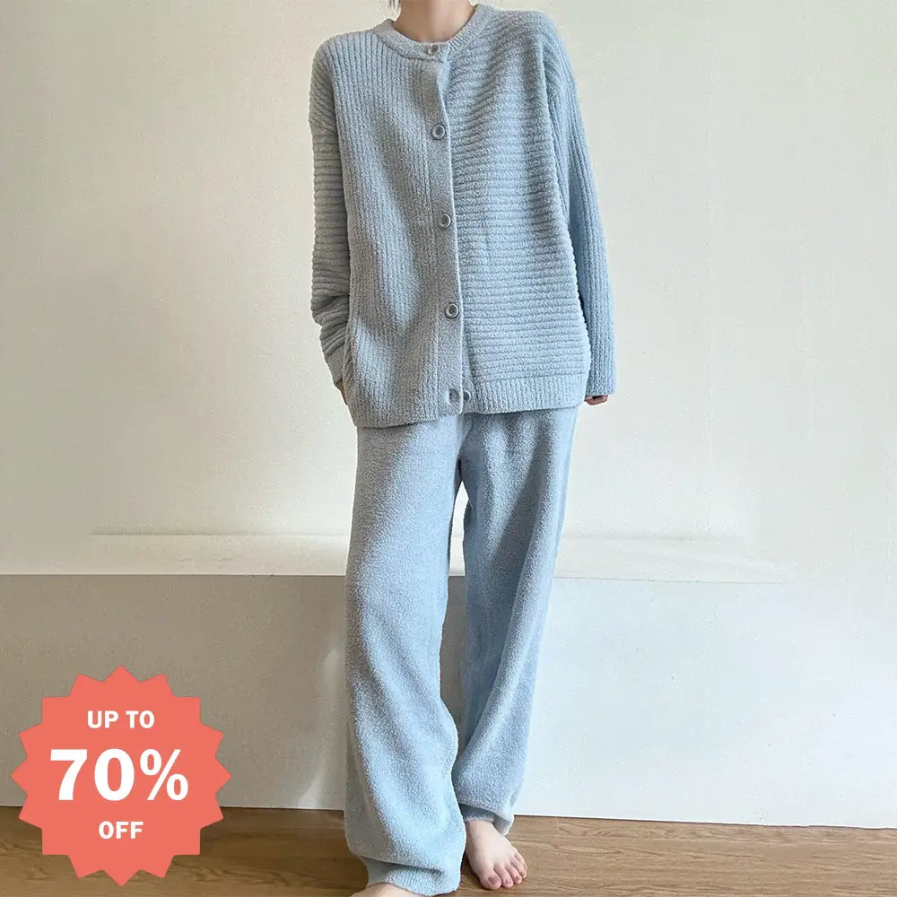 ブルー カーディガン ニット パジャマ レディース 秋冬 新作 厚手 長袖 ロングパンツ ルームウェアセット ID3964 ブルー / S