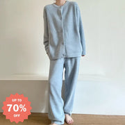 ブルー カーディガン ニット パジャマ レディース 秋冬 新作 厚手 長袖 ロングパンツ ルームウェアセット ID3964 ブルー / S