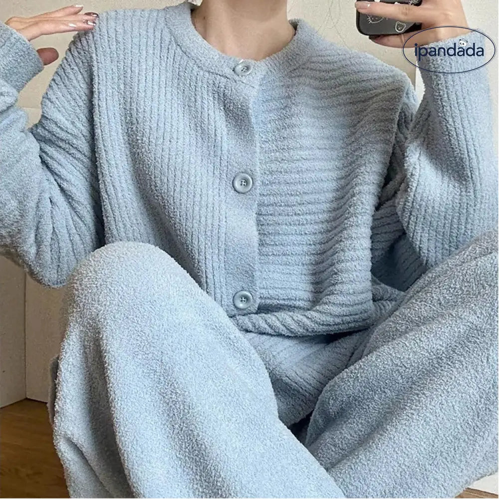 ブルー カーディガン ニット パジャマ レディース 秋冬 新作 厚手 長袖 ロングパンツ ルームウェアセット ID3964