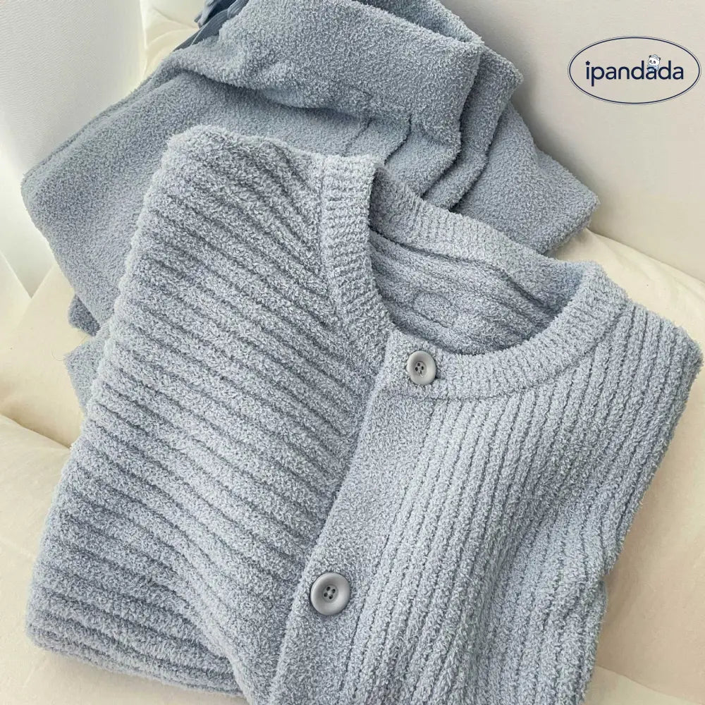 ブルー カーディガン ニット パジャマ レディース 秋冬 新作 厚手 長袖 ロングパンツ ルームウェアセット ID3964