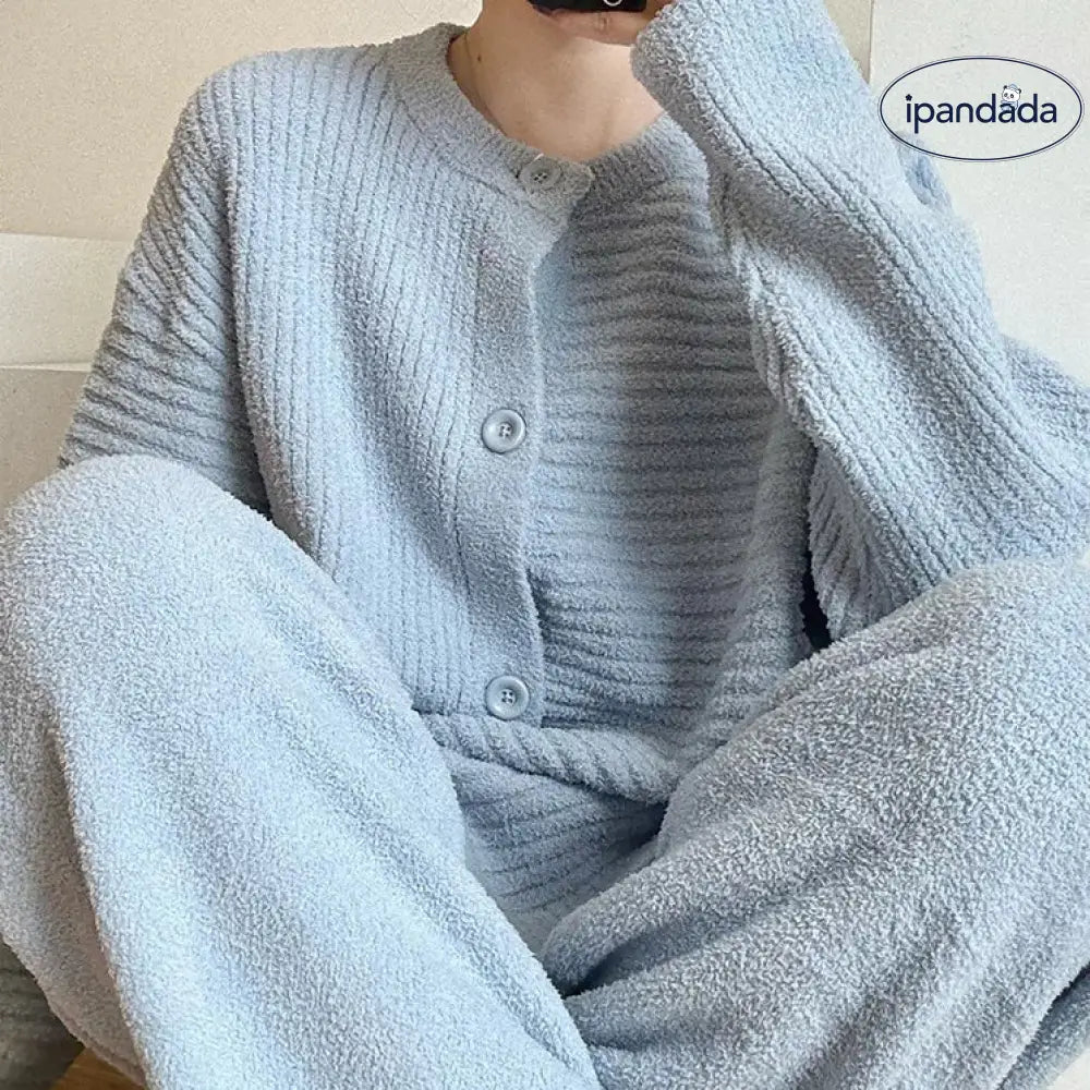 ブルー カーディガン ニット パジャマ レディース 秋冬 新作 厚手 長袖 ロングパンツ ルームウェアセット ID3964
