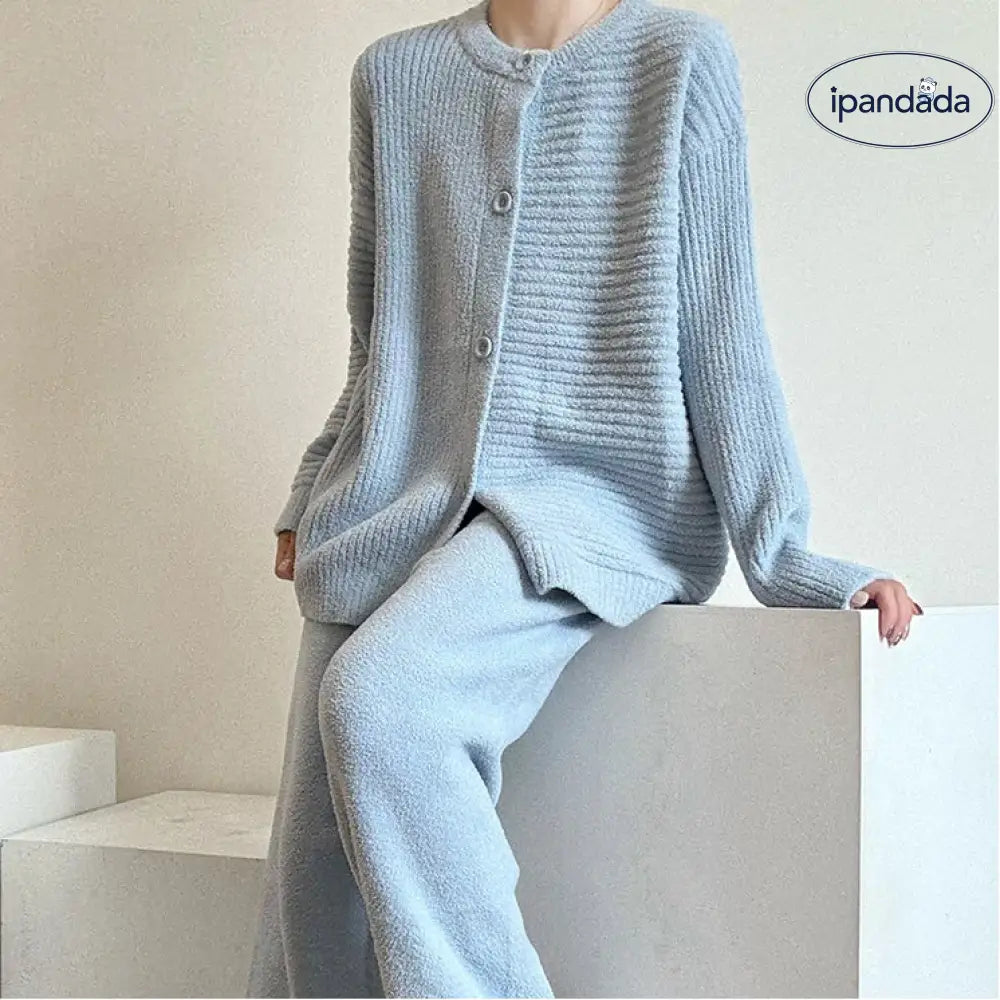 ブルー カーディガン ニット パジャマ レディース 秋冬 新作 厚手 長袖 ロングパンツ ルームウェアセット ID3964
