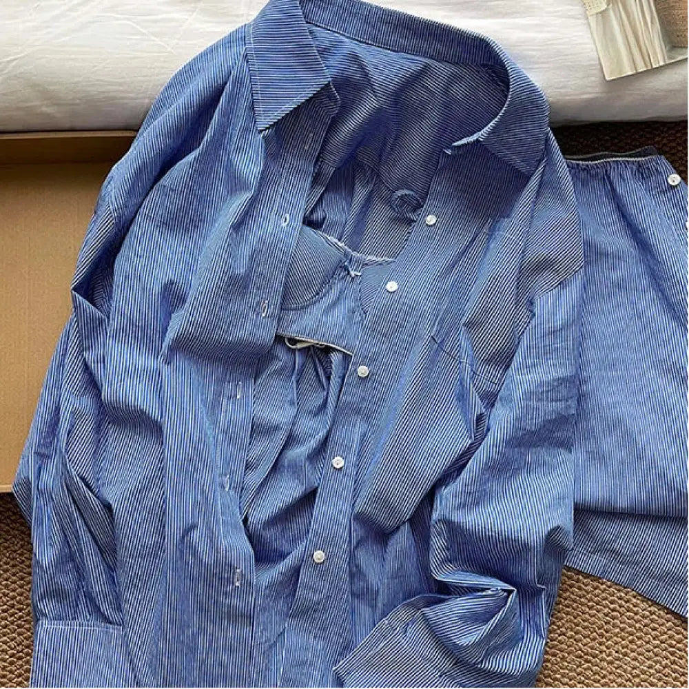 ブルー ストライプ キャミソール パジャマ レディース 外出可能 カーディガン ロングパンツ ルームウェア 3点セット 部屋着 寝間着 可愛い ID3959 ブルー / S レディース＞セットアップ