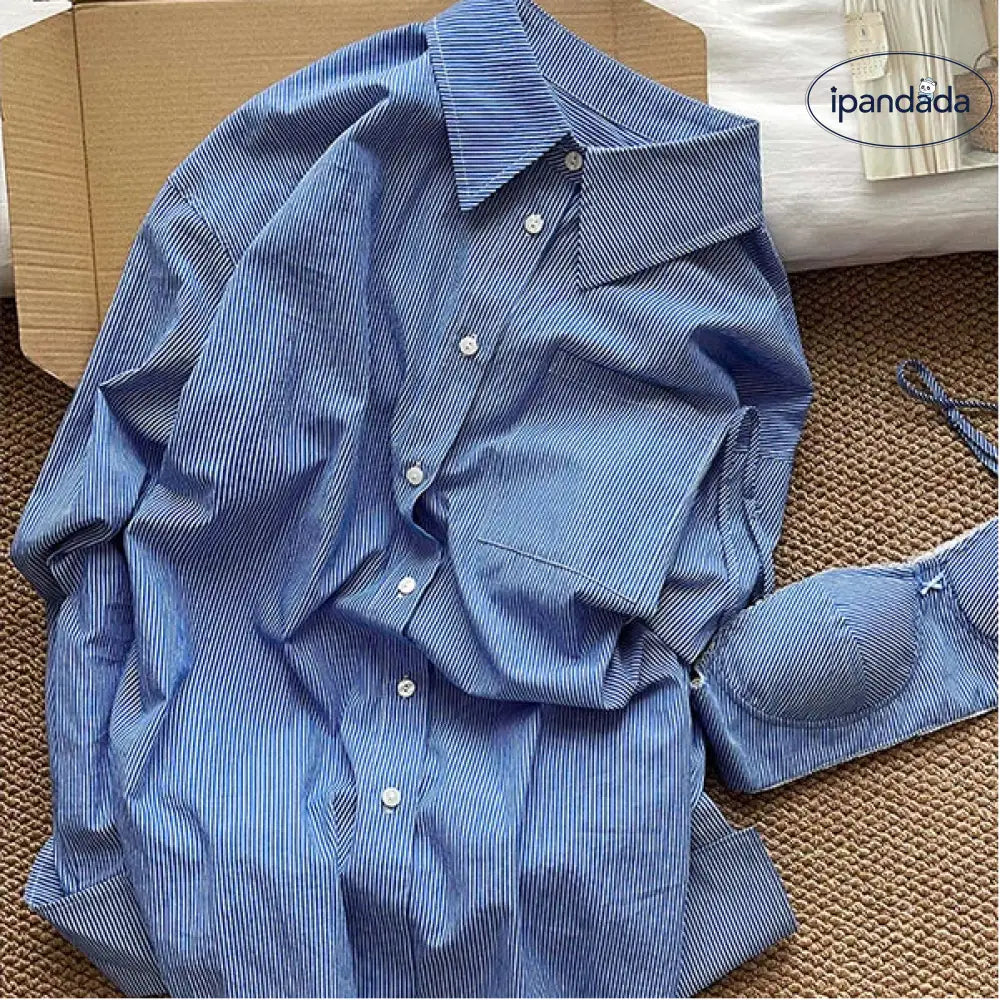 ブルー ストライプ キャミソール パジャマ レディース 外出可能 カーディガン ロングパンツ ルームウェア 3点セット 部屋着 寝間着 可愛い ID3959 レディース＞セットアップ