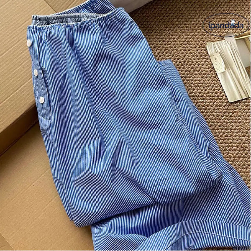 ブルー ストライプ キャミソール パジャマ レディース 外出可能 カーディガン ロングパンツ ルームウェア 3点セット 部屋着 寝間着 可愛い ID3959 レディース＞セットアップ