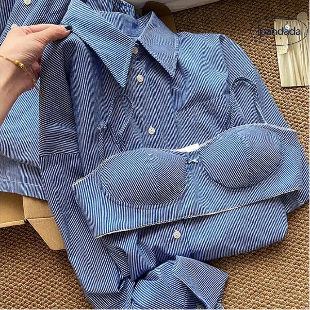 ブルー ストライプ キャミソール パジャマ レディース 外出可能 カーディガン ロングパンツ ルームウェア 3点セット 部屋着 寝間着 可愛い ID3959 レディース＞セットアップ