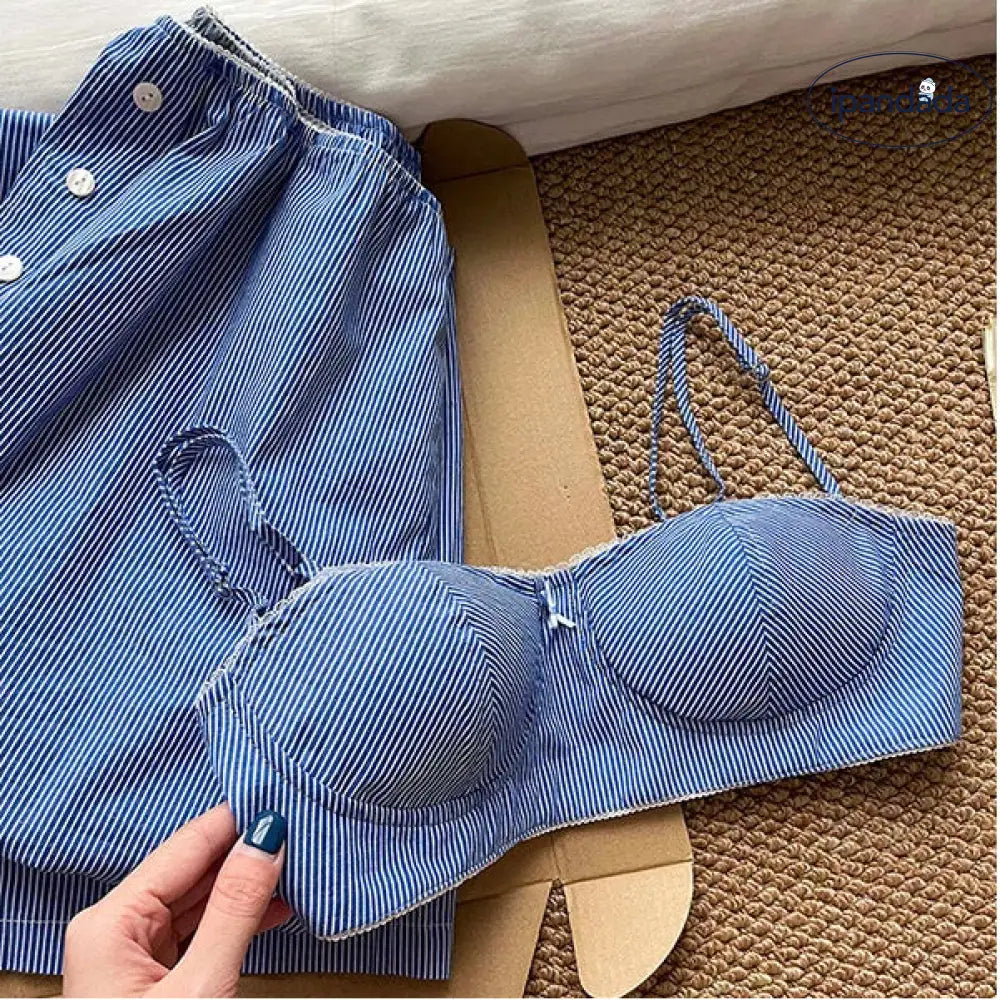 ブルー ストライプ キャミソール パジャマ レディース 外出可能 カーディガン ロングパンツ ルームウェア 3点セット 部屋着 寝間着 可愛い ID3959 レディース＞セットアップ