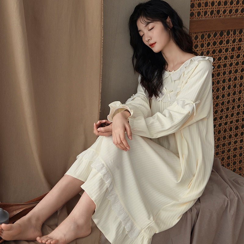 春秋 綿 長袖 レディース ナイトガウン 無地 カジュアル ゆったり 快適 ルームウェア 薄手 柔らか 入院 出産 部屋着 寝巻き ID4277