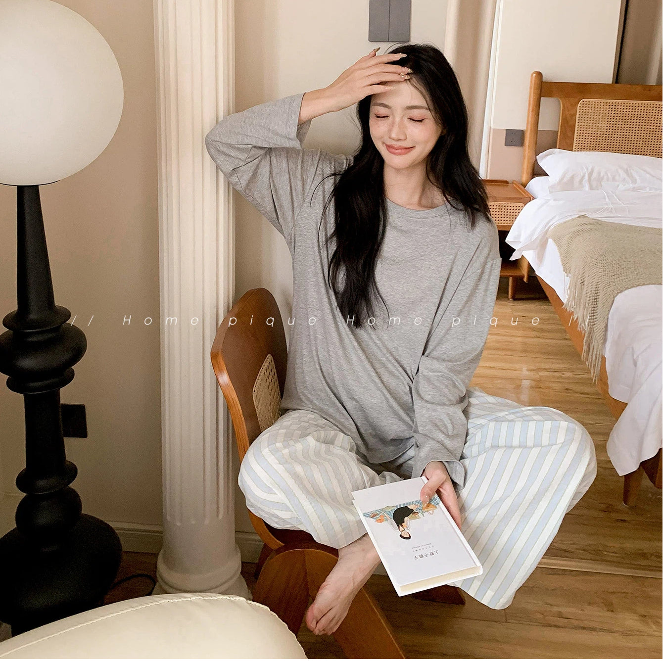 ルームウェア セット レディース ゆったり カジュアル ストライプ ラウンドネック 長袖 ロングパンツ パジャマ 入院 出産 部屋着 寝巻き ID4284