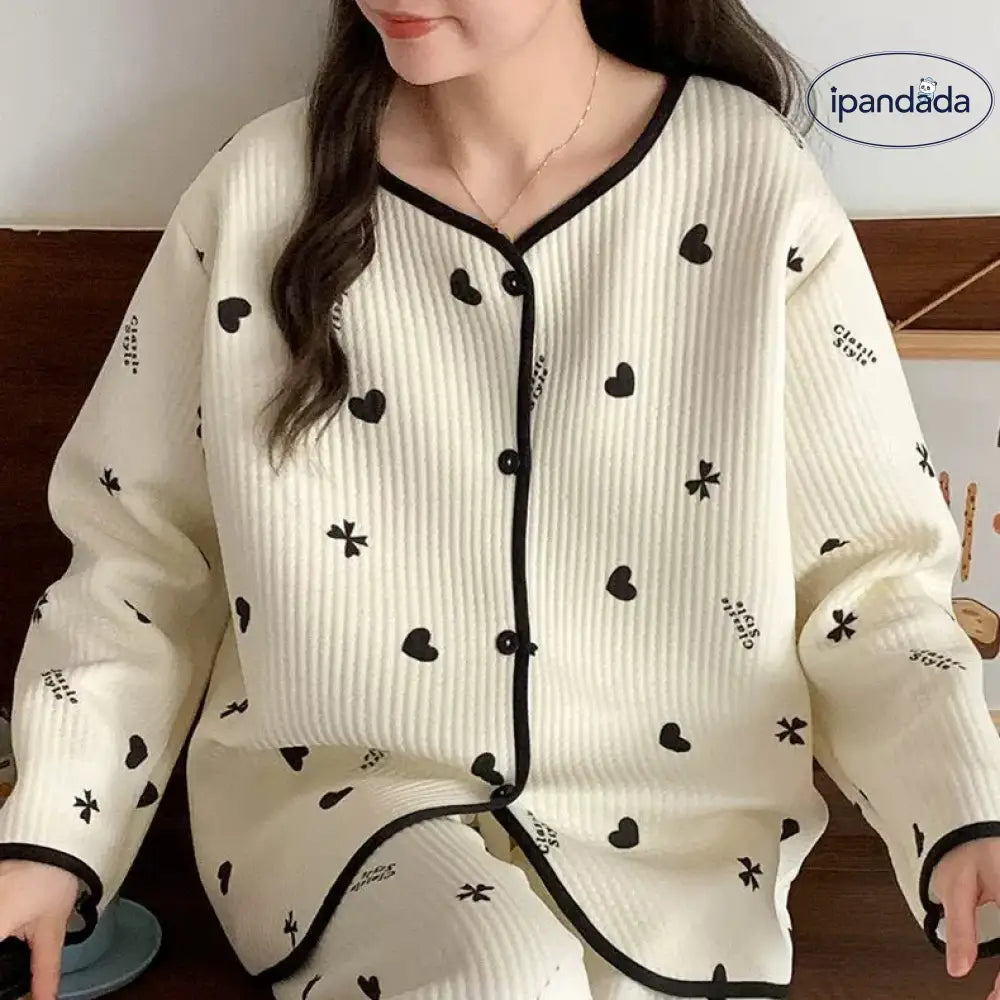 ハートパターン 配色 パジャマ 部屋着 ルームウェア 女性 レディース かわいい パジャマ 上下セット 通年使える 春 秋 寒暖差 リラックス 長袖 長ズボン レディース＞セットアップ