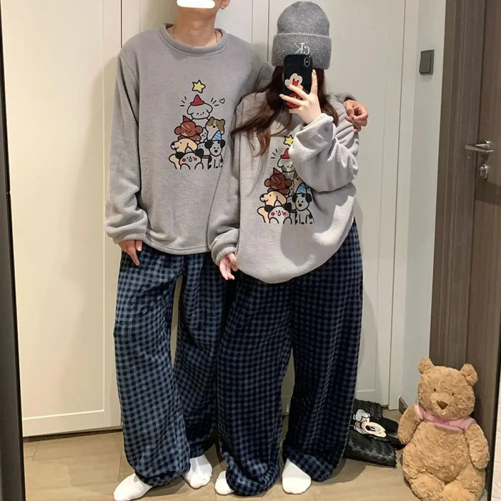 チェック ビーズファー カップル パジャマ レディース 秋冬 厚手 キャラクター 珊瑚フリース メンズ ホームウェア セットアップ 暖かい 柔らかい 保温 快適 おしゃれ ルームウェア 自宅用 リラックス 着心地 ナチュラル ゆったり
