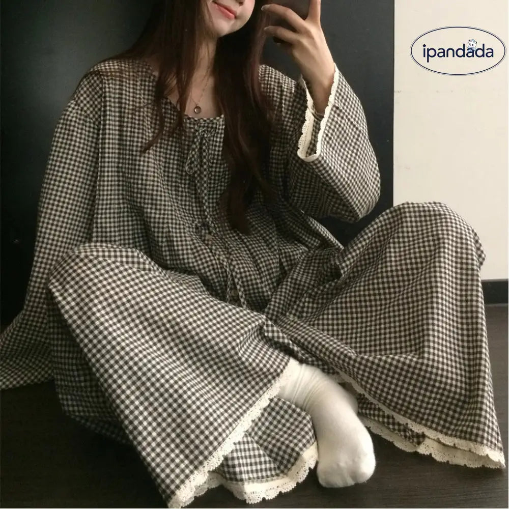 チェック レース パジャマ セット 秋冬 長袖 長ズボン 薄手 ルームウェア 大きいサイズ 部屋着 外出着可 ID3971