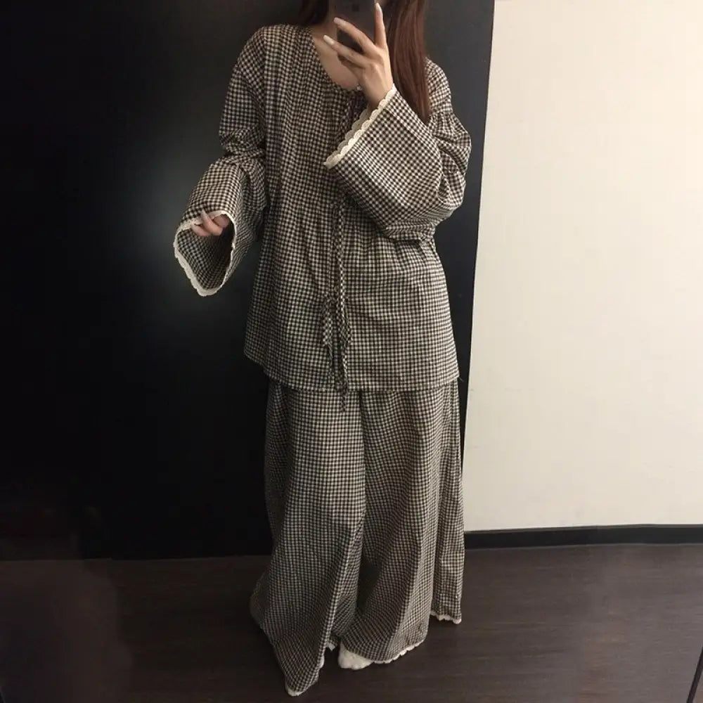 チェック レース パジャマ セット 秋冬 長袖 長ズボン 薄手 ルームウェア 大きいサイズ 部屋着 外出着可 ID3971 写真通り / S