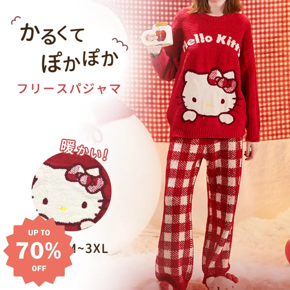 赤 キティ猫 プリント フリース 少女 パジャマ 秋冬 新作 厚手 ぬいぐるみ ニット ホームウェア セットアップ 暖かい 柔らかい 保温 快適 おしゃれ ルームウェア 自宅用 リラックス 着心地 ナチュラル ゆったり ID2487