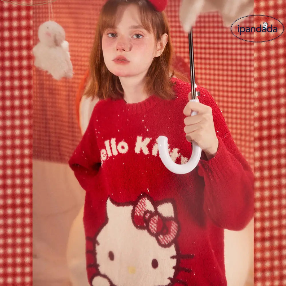 赤 キティ猫 プリント フリース 少女 パジャマ 秋冬 新作 厚手 ぬいぐるみ ニット ホームウェア セットアップ 暖かい 柔らかい 保温 快適 おしゃれ ルームウェア 自宅用 リラックス 着心地 ナチュラル ゆったり ID2487