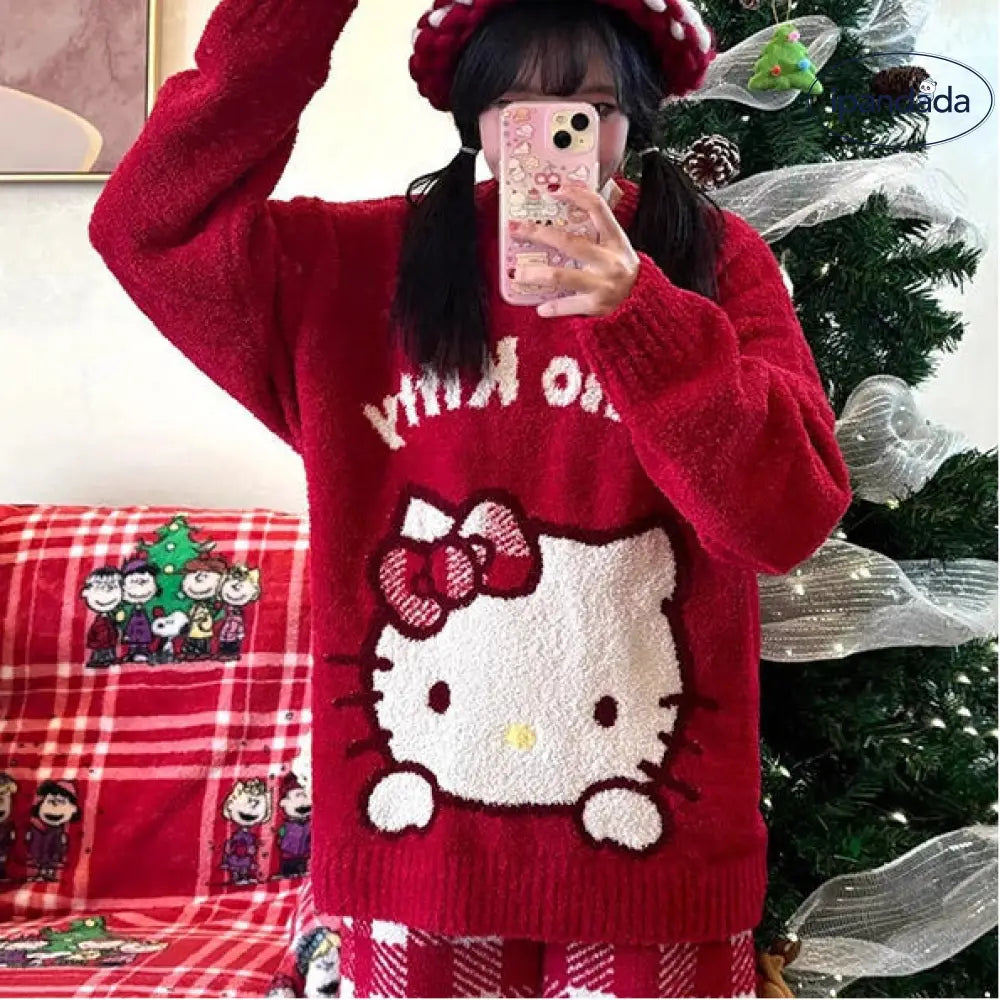 赤 キティ猫 プリント フリース 少女 パジャマ 秋冬 新作 厚手 ぬいぐるみ ニット ホームウェア セットアップ 暖かい 柔らかい 保温 快適 おしゃれ ルームウェア 自宅用 リラックス 着心地 ナチュラル ゆったり ID2487