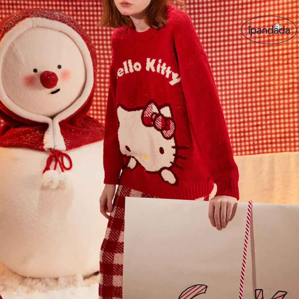 赤 キティ猫 プリント フリース 少女 パジャマ 秋冬 新作 厚手 ぬいぐるみ ニット ホームウェア セットアップ 暖かい 柔らかい 保温 快適 おしゃれ ルームウェア 自宅用 リラックス 着心地 ナチュラル ゆったり ID2487