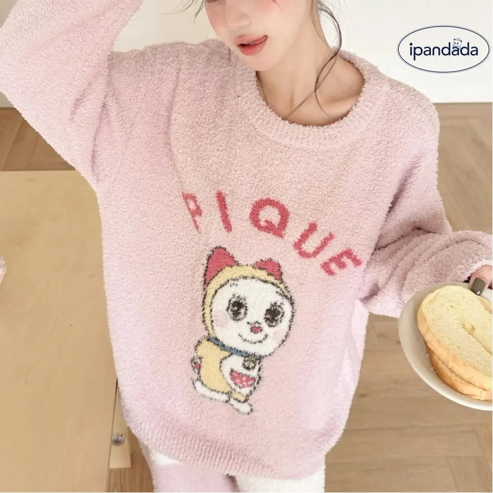 パジャマ ふわふわ ドラえもん インスタ 人気 レディース 秋冬 フリース フリース裏起毛 厚手 猫 セットアップ 暖かい 柔らかい 保温 快適 おしゃれ ルームウェア 自宅用 リラックス 着心地 ナチュラル ゆったり ID2549
