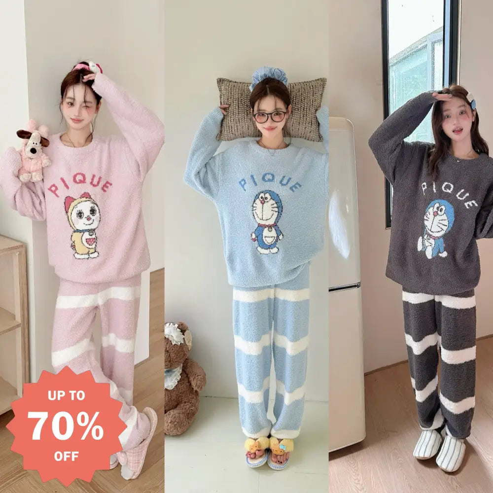 パジャマ ふわふわ ドラえもん インスタ 人気 レディース 秋冬 フリース フリース裏起毛 厚手 猫 セットアップ 暖かい 柔らかい 保温 快適 おしゃれ ルームウェア 自宅用 リラックス 着心地 ナチュラル ゆったり ID2549