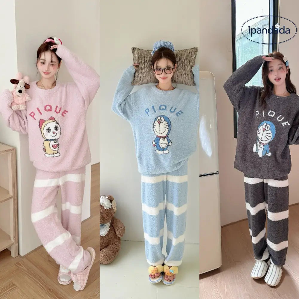 パジャマ ふわふわ ドラえもん インスタ 人気 レディース 秋冬 フリース フリース裏起毛 厚手 猫 セットアップ 暖かい 柔らかい 保温 快適 おしゃれ ルームウェア 自宅用 リラックス 着心地 ナチュラル ゆったり ID2549