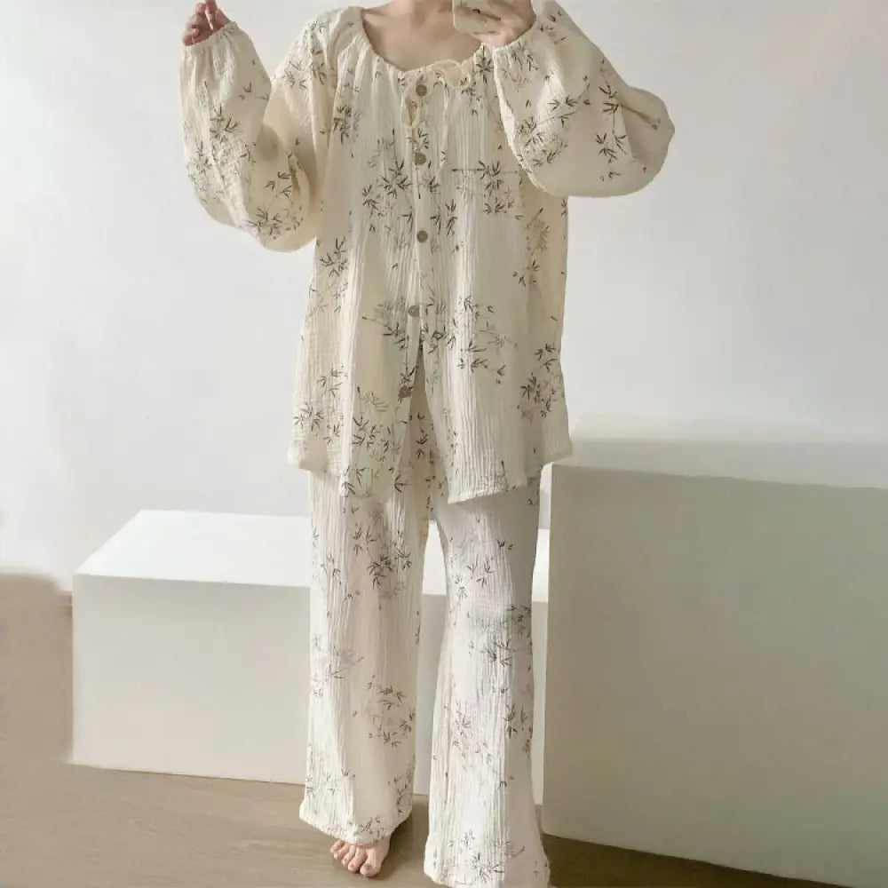 【出産祝い/産後ケアに】 ガーゼ パジャマ レディース 長袖 春秋 かわいい 産褥 入院 マタニティ 大きいサイズ やさしい肌触り 吸湿速乾 部屋着 セット プレゼント ID4402 レディース＞セットアップ
